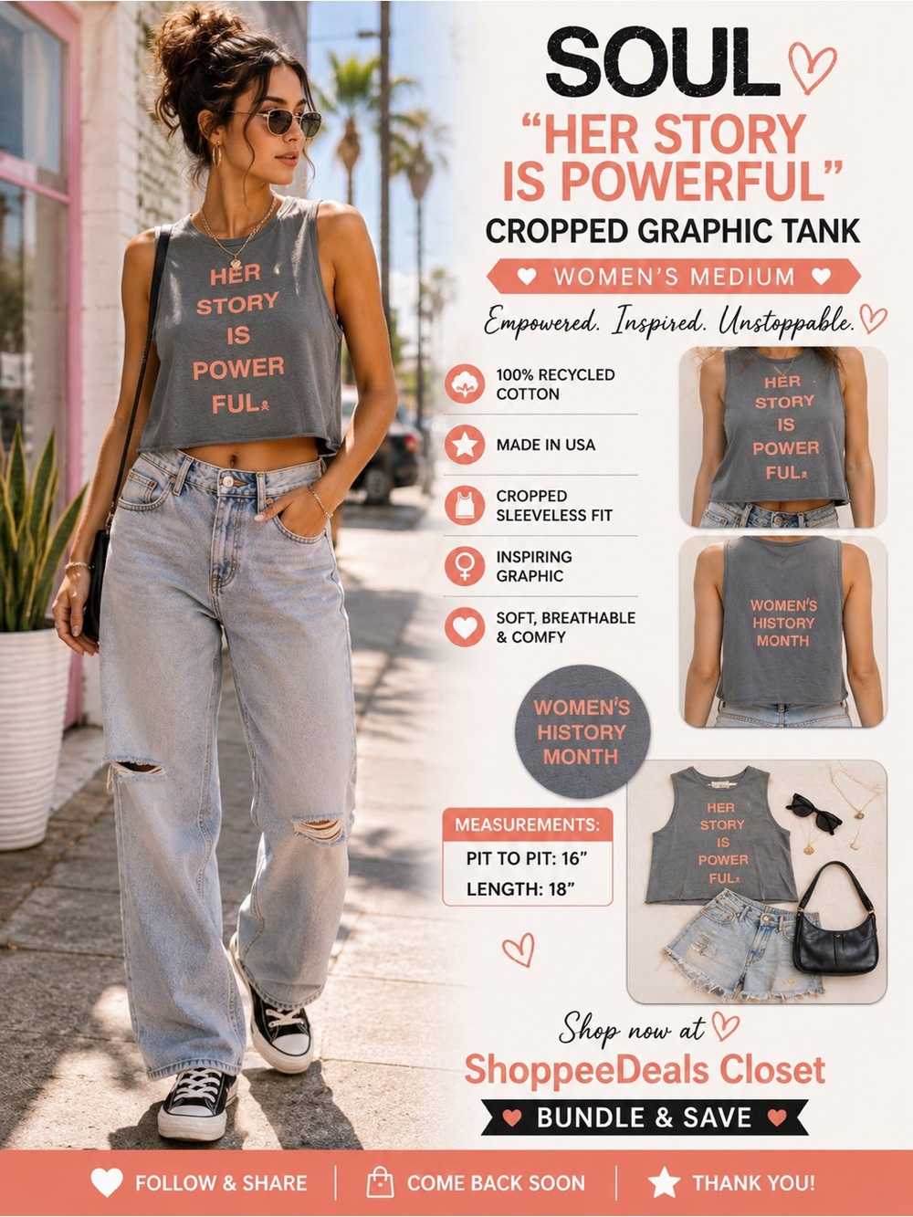 SOUL “Her Story Is Powerful” Cropped Graphic Tank – Gray – Women’s Medium – Made